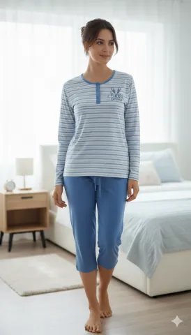 Pijamale damă cu mânecă lungă și pantaloni lungi, imprimeu Little Bunny, Albastru