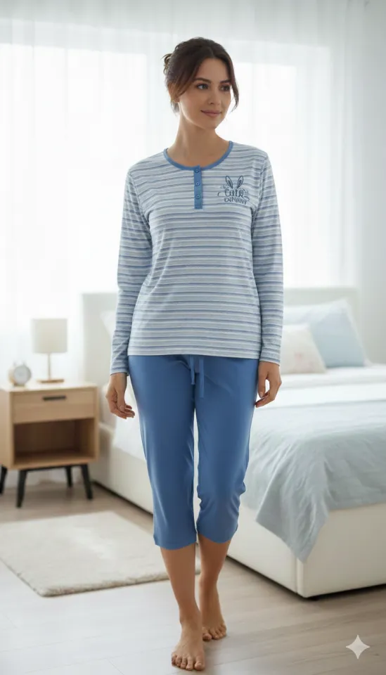 Pijamale damă cu mânecă lungă și pantaloni lungi, imprimeu Little Bunny, Albastru