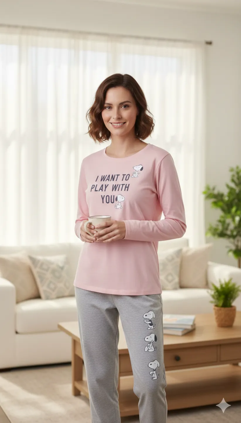Pijamale damă cu mânecă lungă și pantaloni lungi, imprimeu I Want To Play With You, gri/roz - 1