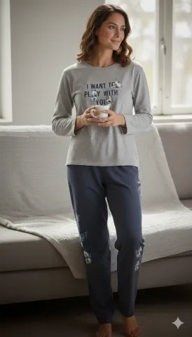 Pijamale damă cu mânecă lungă și pantaloni lungi, imprimeu I Want To Play With You, Albastru