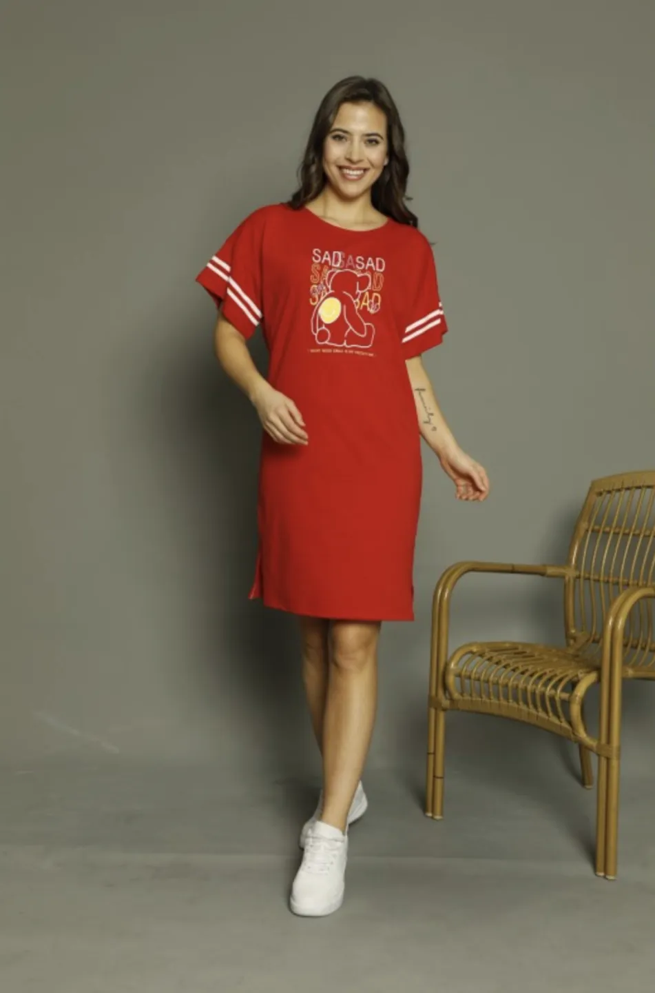 Rochie casual damă cu mânecă scurtă, până la genunchi, imprimeu Sad, rosu - 1