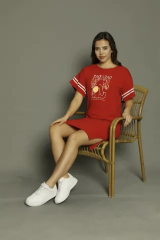 Rochie casual damă cu mânecă scurtă, până la genunchi, imprimeu Sad, rosu hover