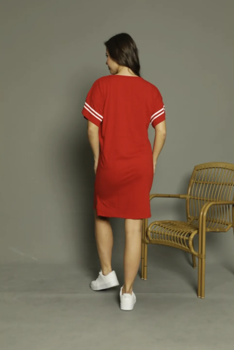 Rochie casual damă cu mânecă scurtă, până la genunchi, imprimeu Sad, rosu - 3