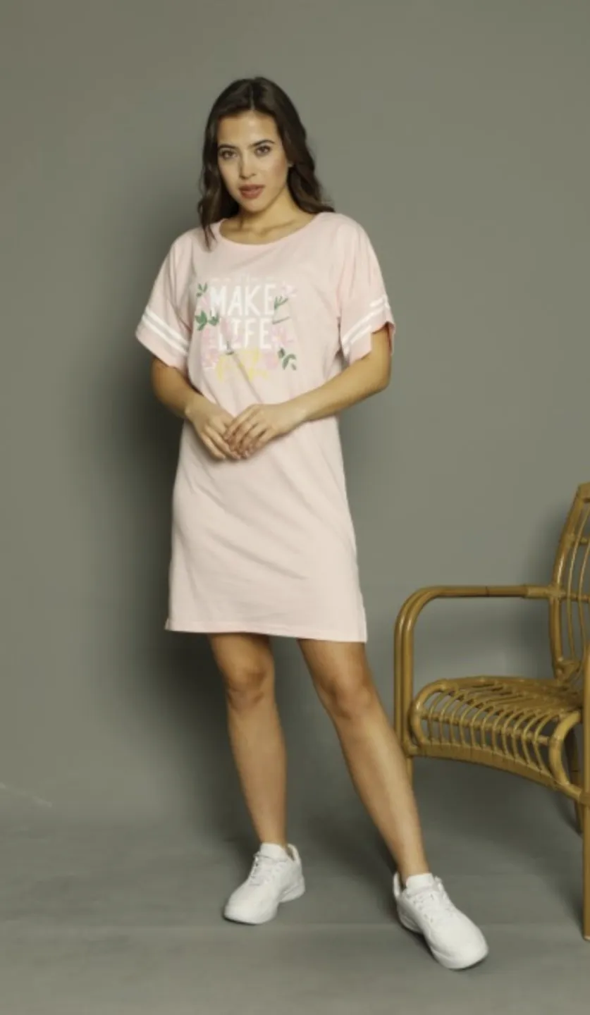 Rochie casual damă cu mânecă scurtă, până la genunchi, imprimeu Make Life, roz - 1