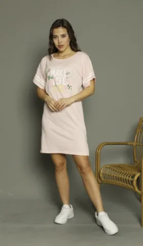 Rochie casual damă cu mânecă scurtă, până la genunchi, imprimeu Make Life, roz
