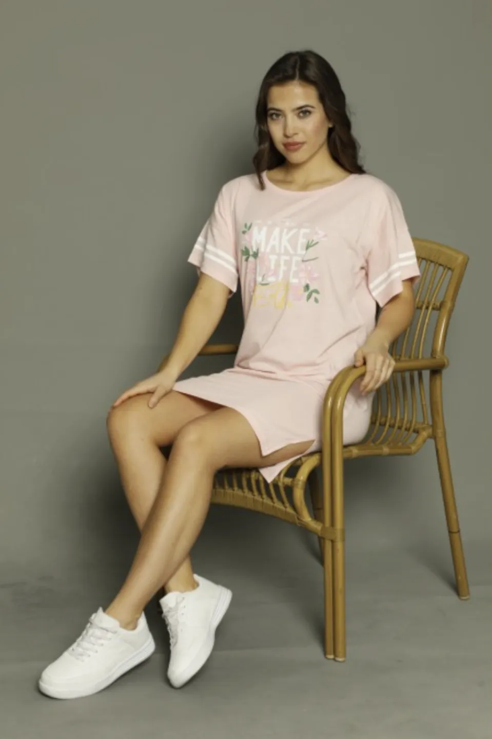 Rochie casual damă cu mânecă scurtă, până la genunchi, imprimeu Make Life, roz - 2