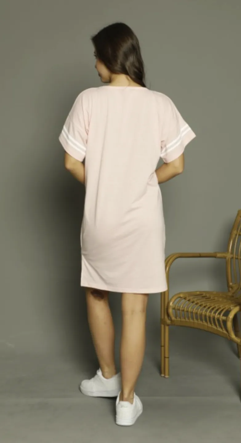 Rochie casual damă cu mânecă scurtă, până la genunchi, imprimeu Make Life, roz - 3