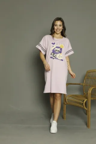 Rochie casual damă cu mânecă scurtă, până la genunchi, imprimeu Good Luck, mov