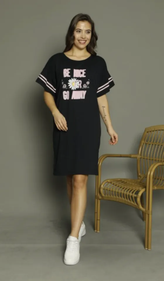 Rochie casual damă cu mânecă scurtă, până la genunchi, imprimeu Be Nice, negru