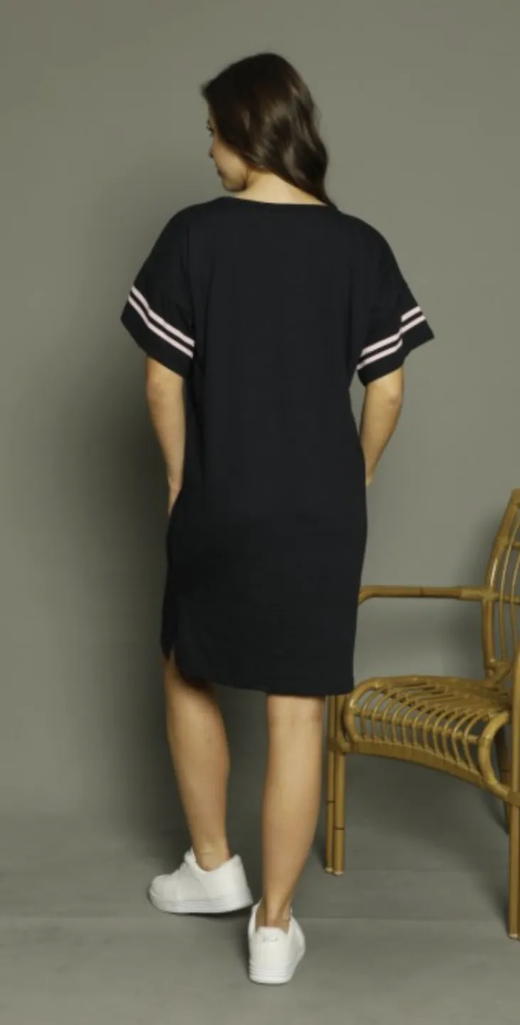 Rochie casual damă cu mânecă scurtă, până la genunchi, imprimeu Be Nice, negru - 3