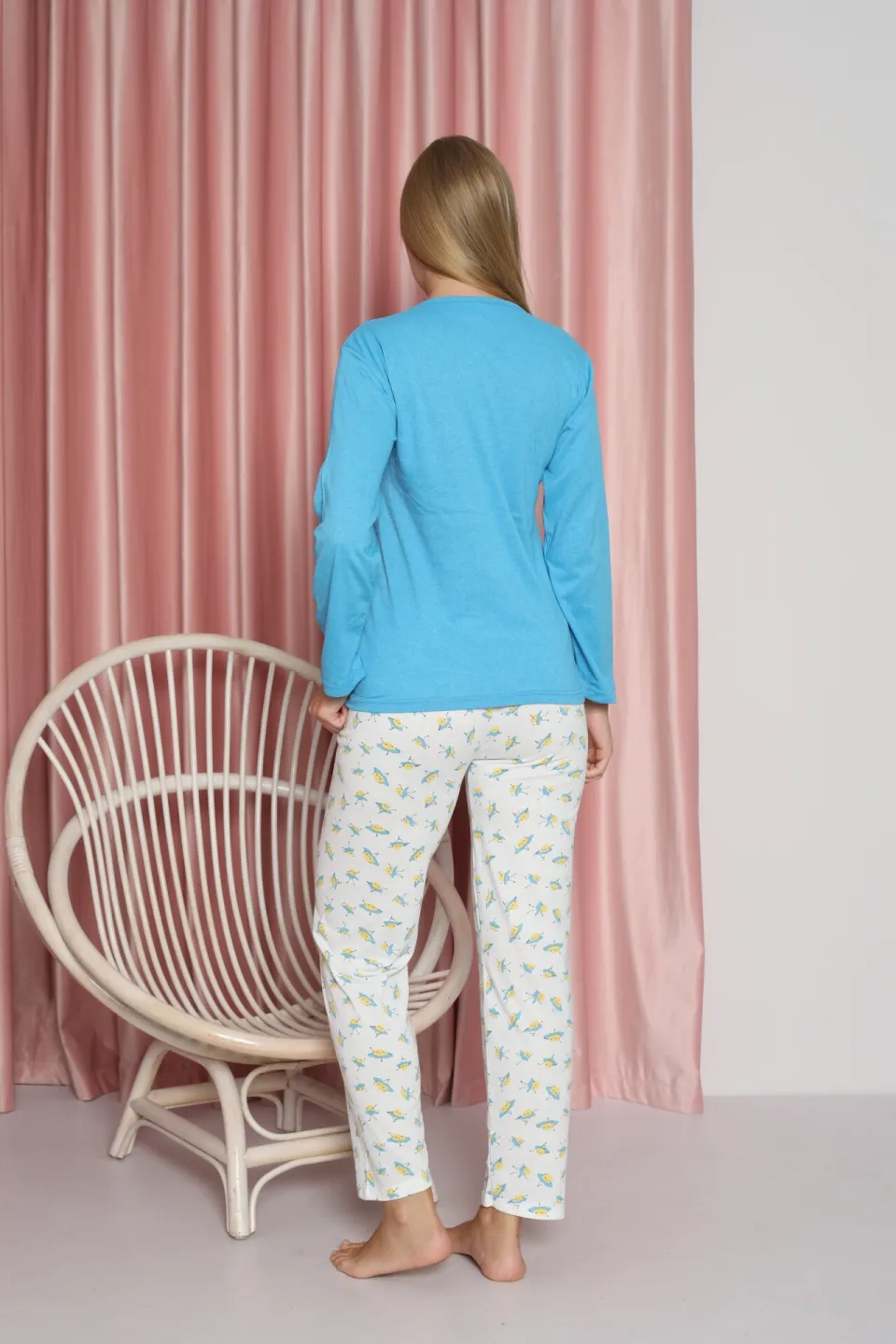 Pijama damă, cu mânecă lungă și pantaloni lungi din bumbac, imprimeu Good morning - 2