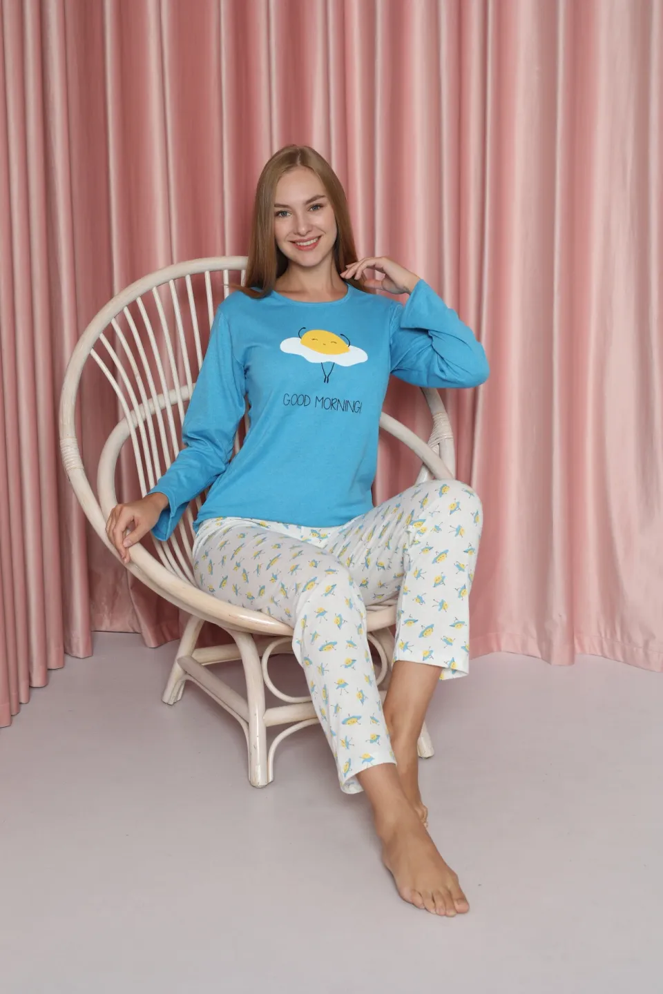 Pijama damă, cu mânecă lungă și pantaloni lungi din bumbac, imprimeu Good morning - 1