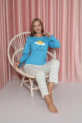 Pijama damă, cu mânecă lungă și pantaloni lungi din bumbac, imprimeu Good morning