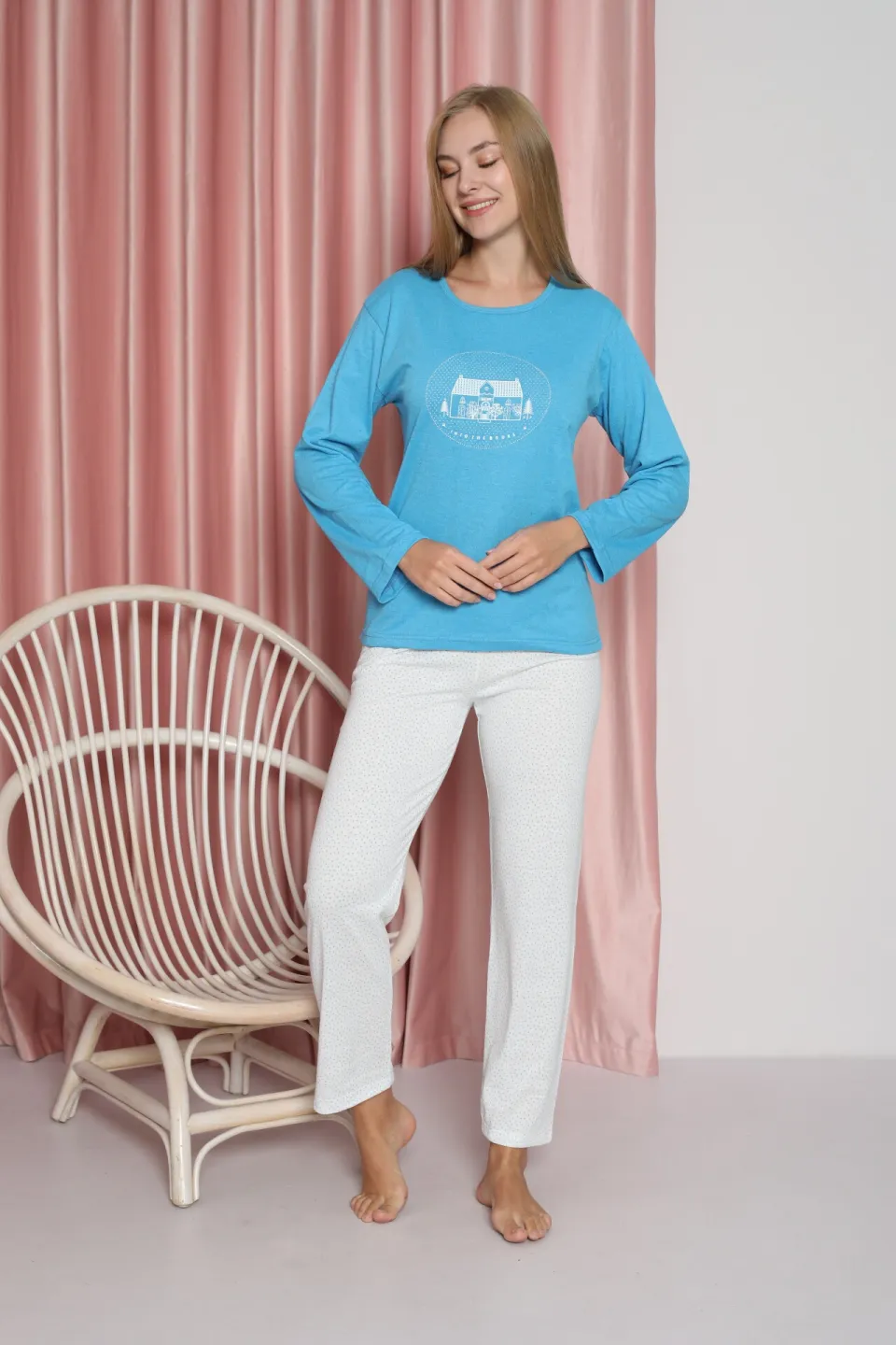 Pijama damă, cu mânecă lungă și pantaloni lungi din bumbac, imprimeu casă, culoare albastru - 1