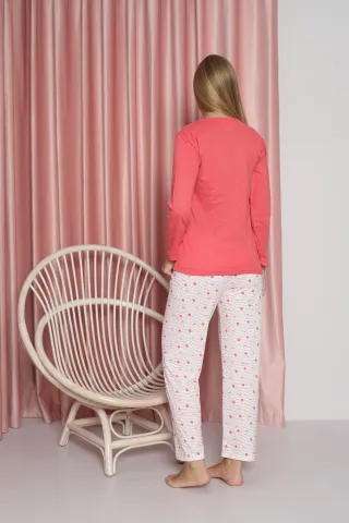 Pijama damă, cu mânecă lungă și pantaloni lungi din bumbac, imprimeu bufniță hover