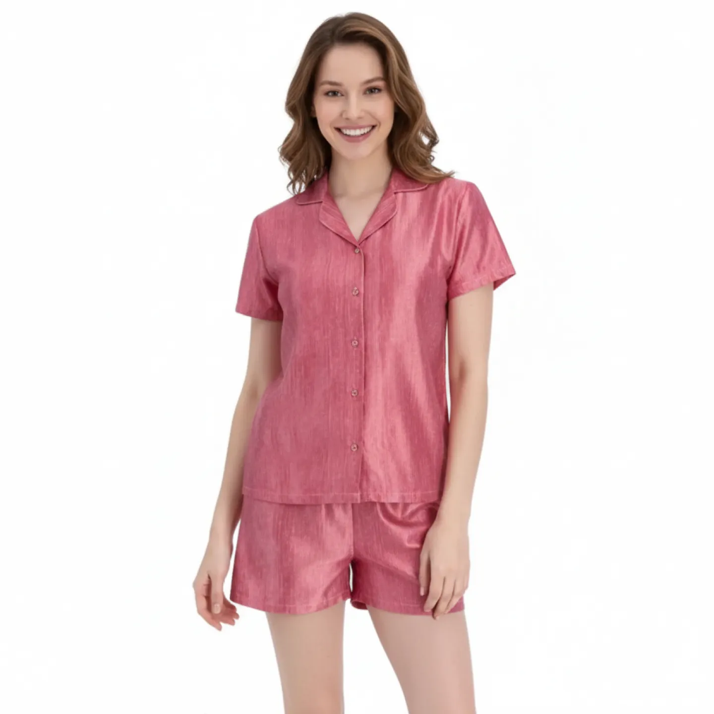 Pijamale damă, bluză cu nasturi și guler clasic, mânecă scurtă și pantaloni scurți, imprimeu dungi, rosu - 1