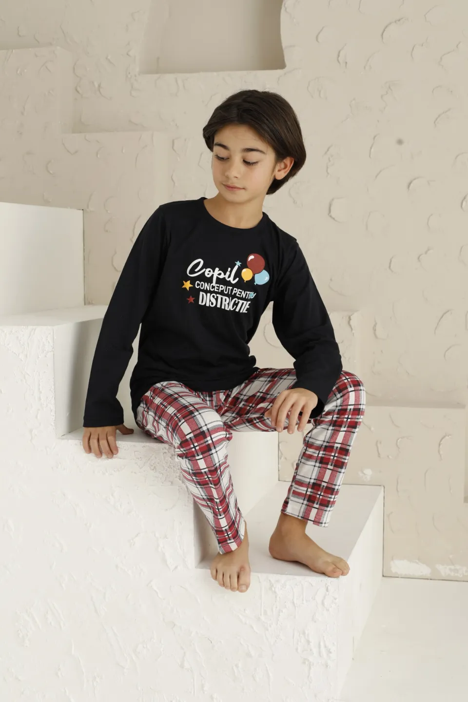 Pijama băieți din bumbac, cu maneca lungă și pantaloni lungi, model ,,Copil Conceput Pentru Distractie'' - 3