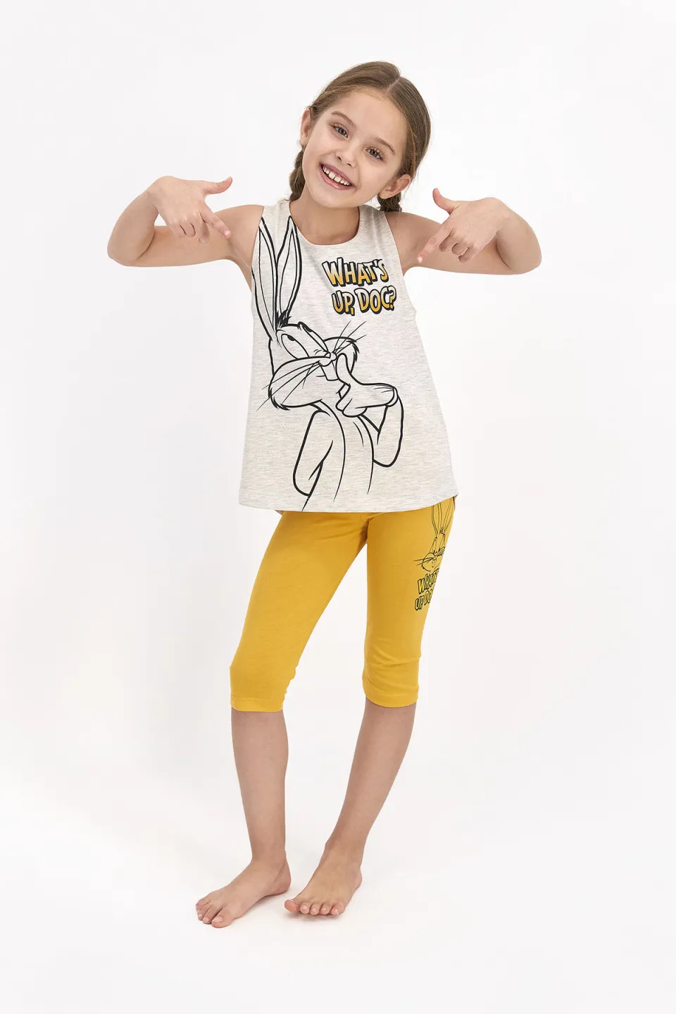 Pijama copii cu maiou si pantaloni trei sferturi, imprimeu Looney Tunes, galben - 1