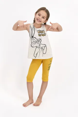 Pijama copii cu maiou si pantaloni trei sferturi, imprimeu Looney Tunes, galben