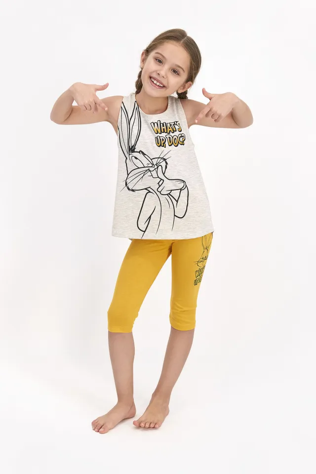 Pijama copii cu maiou si pantaloni trei sferturi, imprimeu Looney Tunes, galben