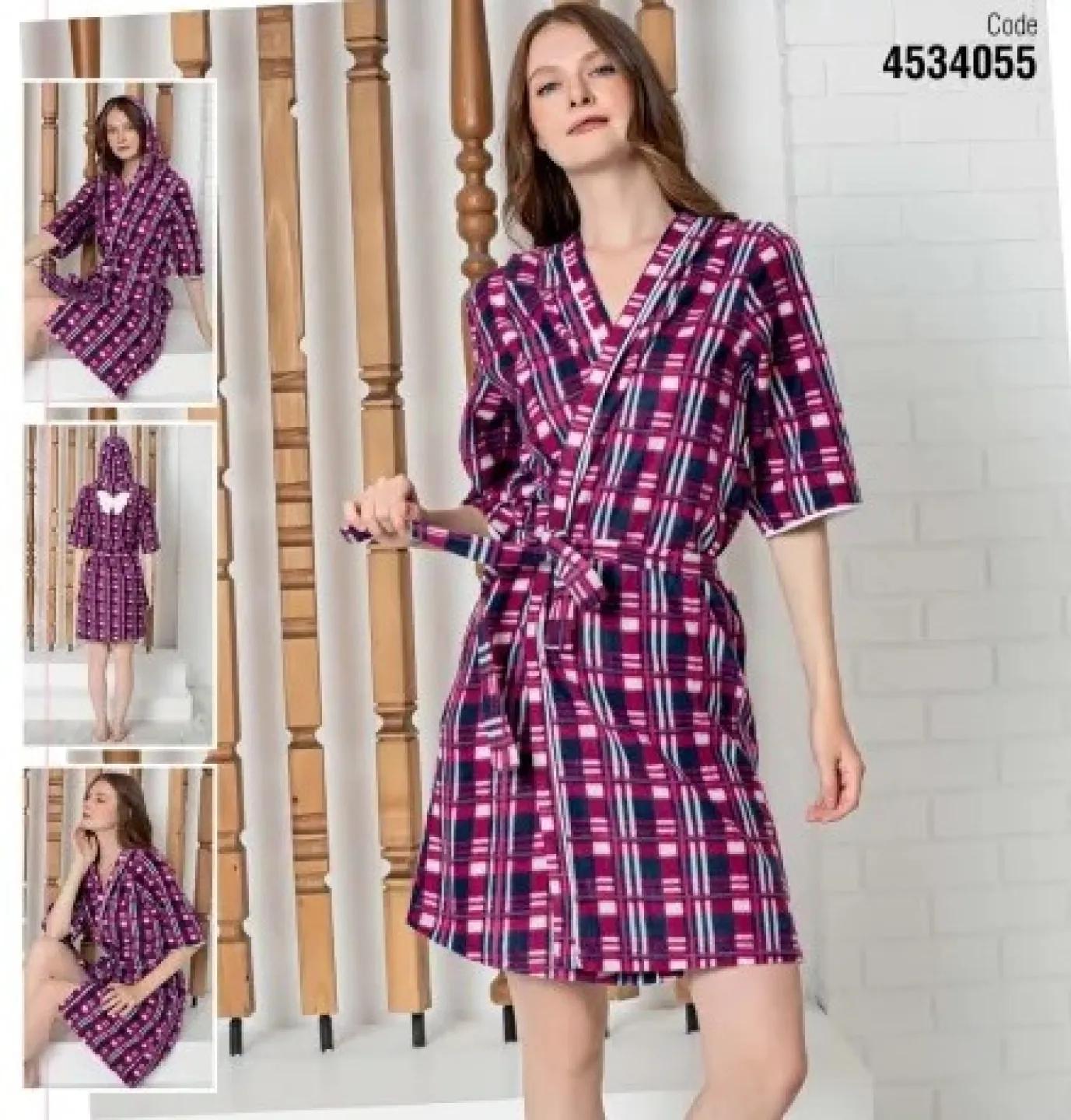 Halat de baie damă – gros, cu glugă și mânecă trei sferturi, în carouri  100% poliester - 1