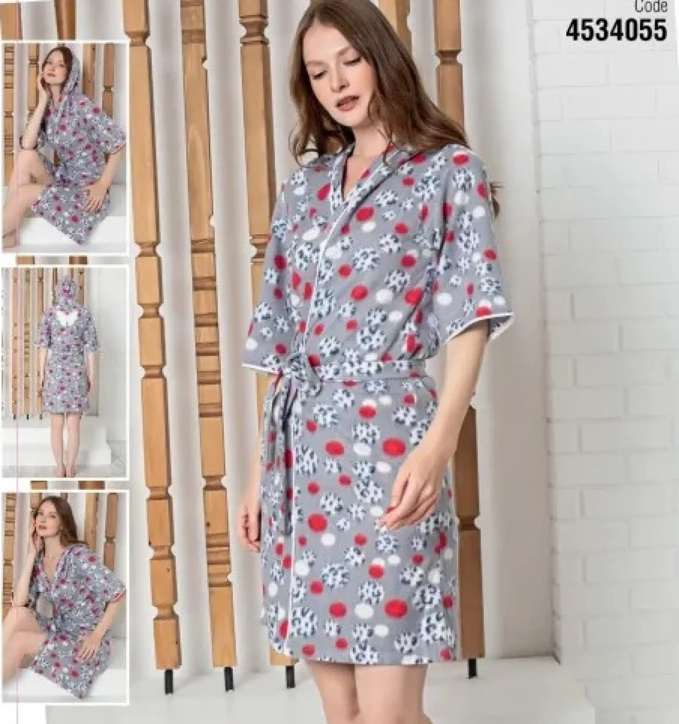 Halat de baie damă – gros, gri cu buline albe și roșii, cu glugă și mânecă trei sferturi, 100% poliester - 1