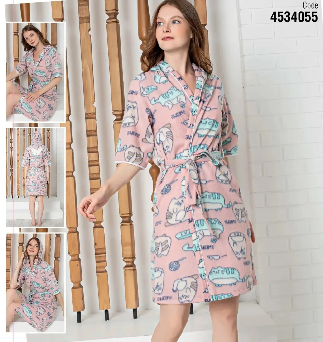 Halat de baie damă – gros, roz pal cu imprimeu pisici, 100% poliester - 1