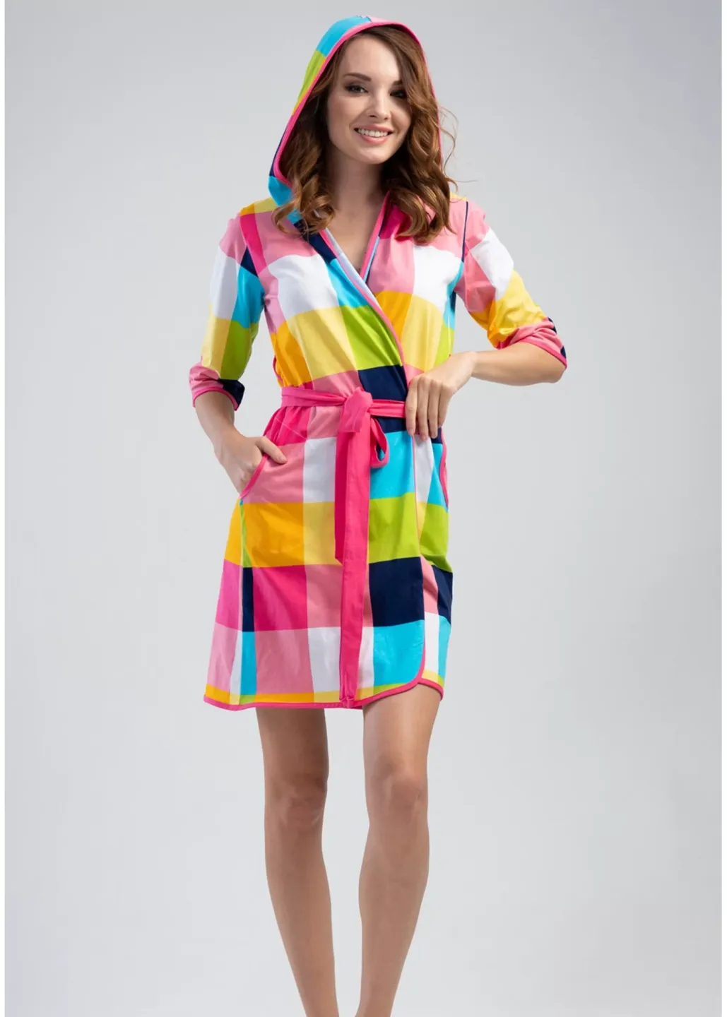 Halat multicolor cu glugă, mânecă lungă, cordon - 1