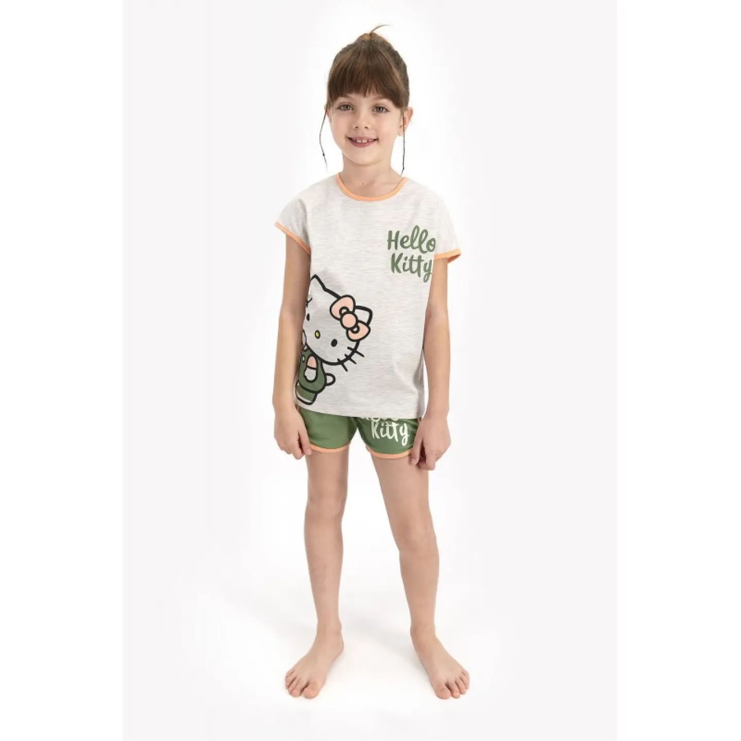 Pijama fete cu tricou  și pantalon scurt, imprimeu Hello Kitty, Verde - 1