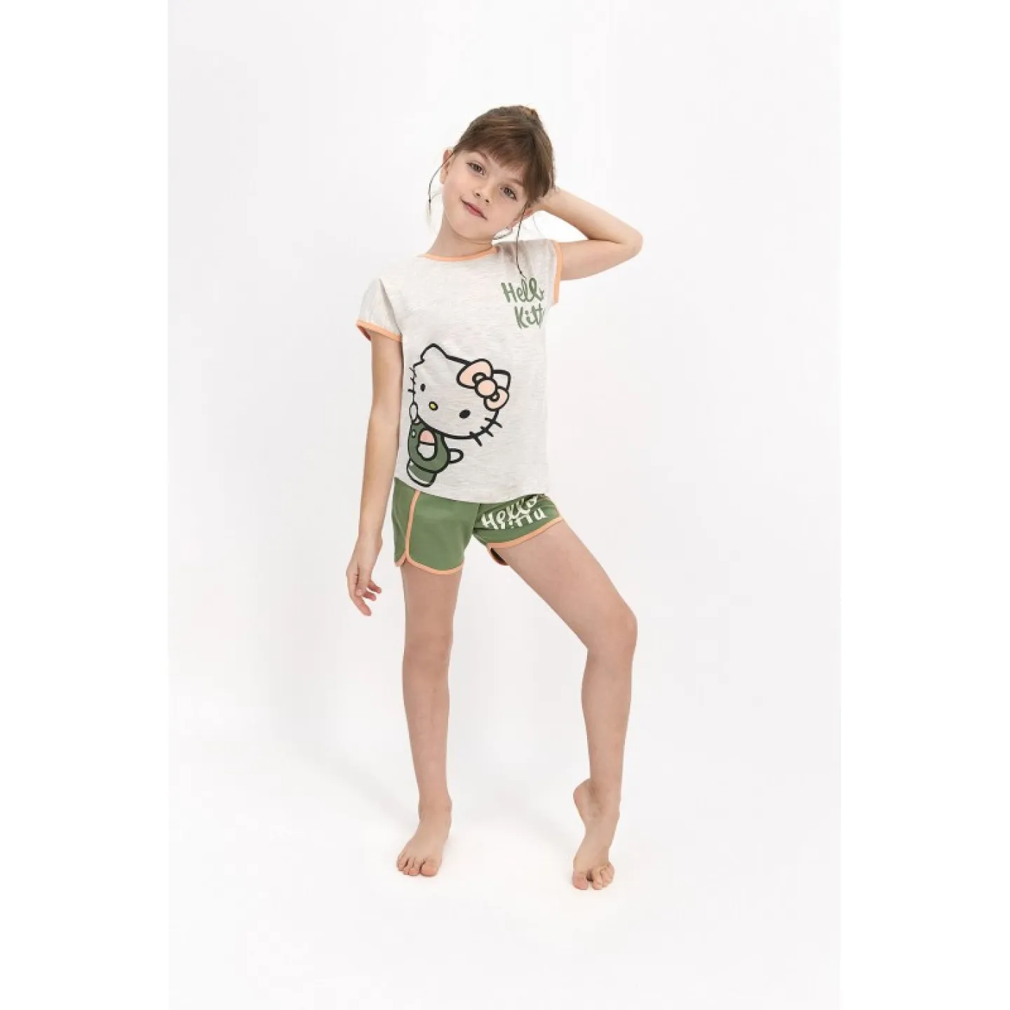 Pijama fete cu tricou  și pantalon scurt, imprimeu Hello Kitty, Verde - 2