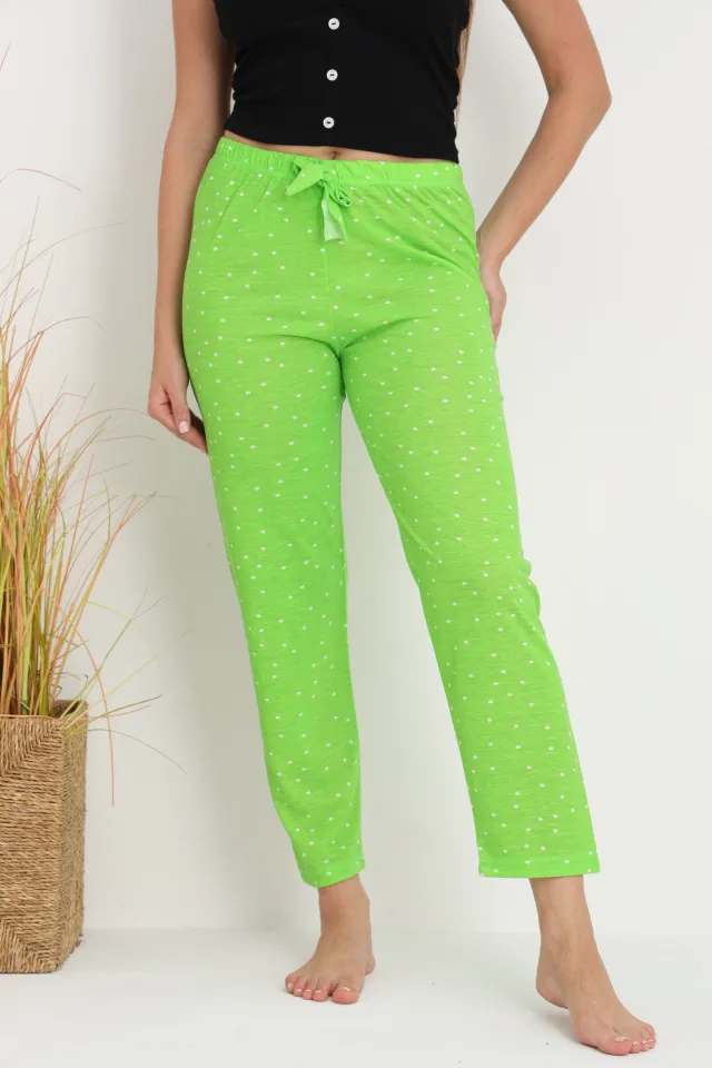 Pantaloni de pijama damă verde aprins cu puncte albe, croială lejeră, bumbac &amp; poliester