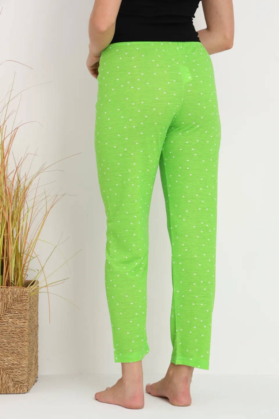 Pantaloni de pijama damă verde aprins cu puncte albe, croială lejeră, bumbac &amp; poliester - 7