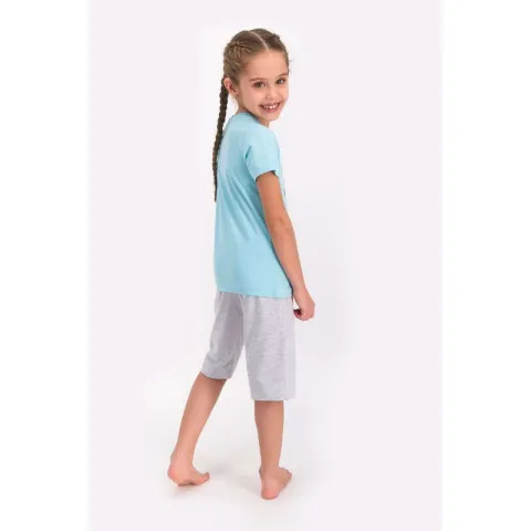 Pijama pentru fetițe Disney, bluza cu maneca scurtă și pantaloni 3/4, imprimeu Peace And Love, blue hover