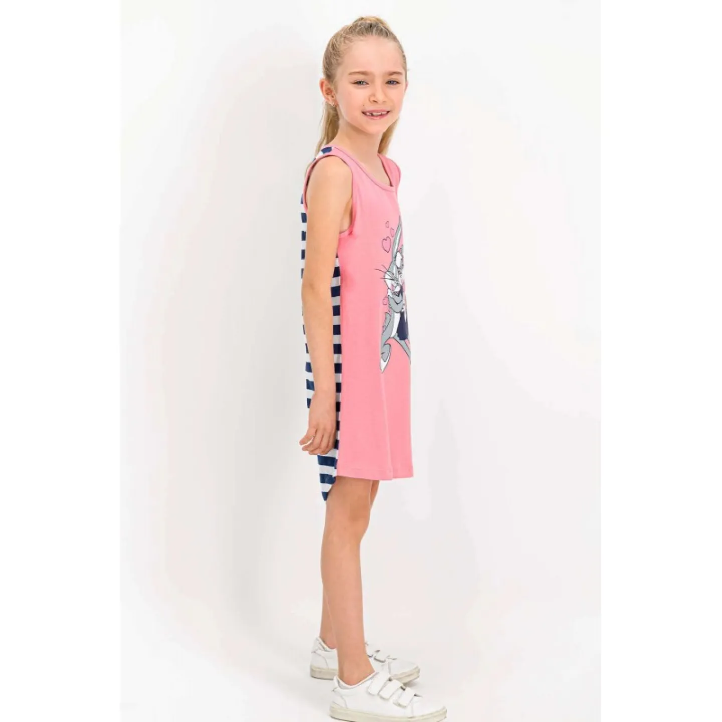 Rochiță fetițe cu bretele groase, imprimeu Buggs Bunny, culoare roz - 1