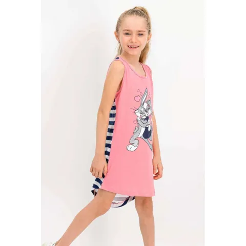 Rochiță fetițe cu bretele groase, imprimeu Buggs Bunny, culoare roz hover