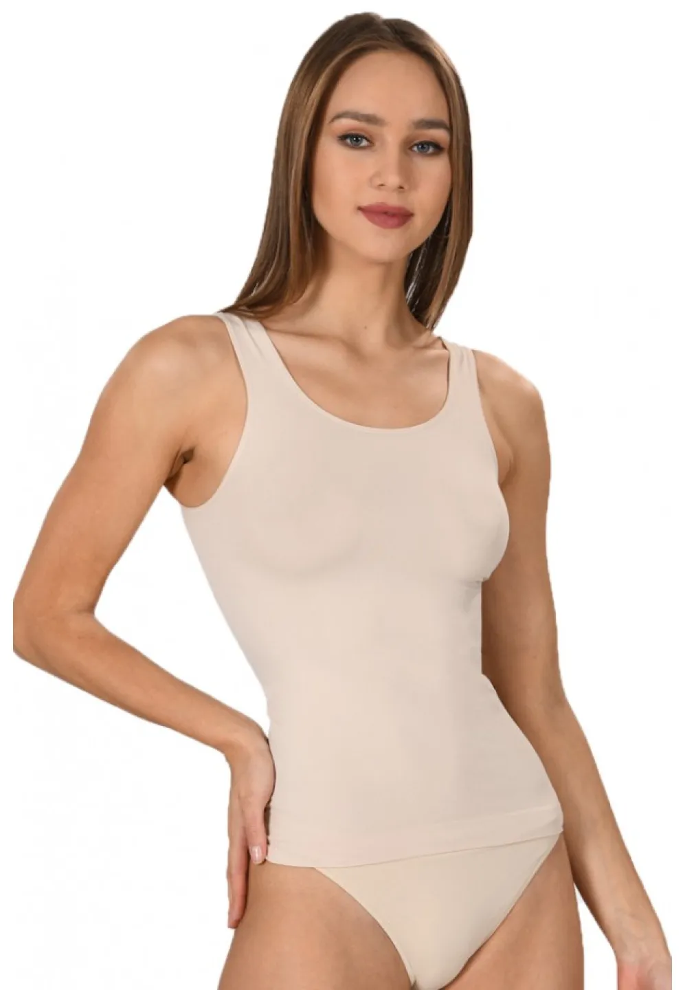 Maiou dama modelator in talie cu bretele groase, material moale, culoare bej - 1