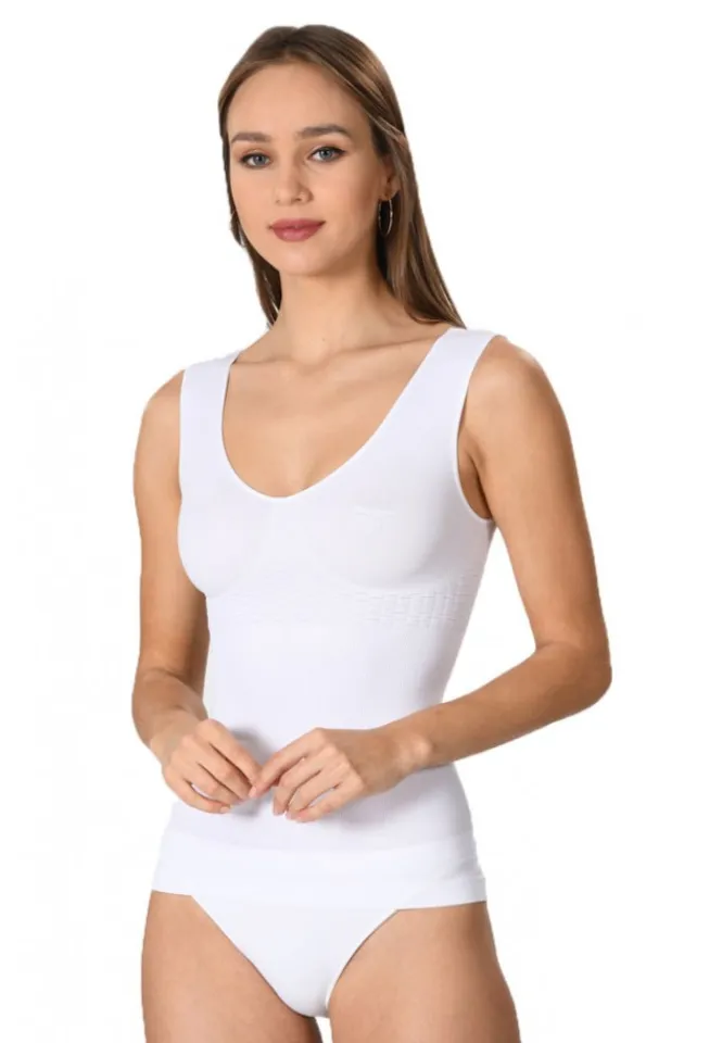 Maiou dama modelator in talie cu bretele late, material moale, culoare alb