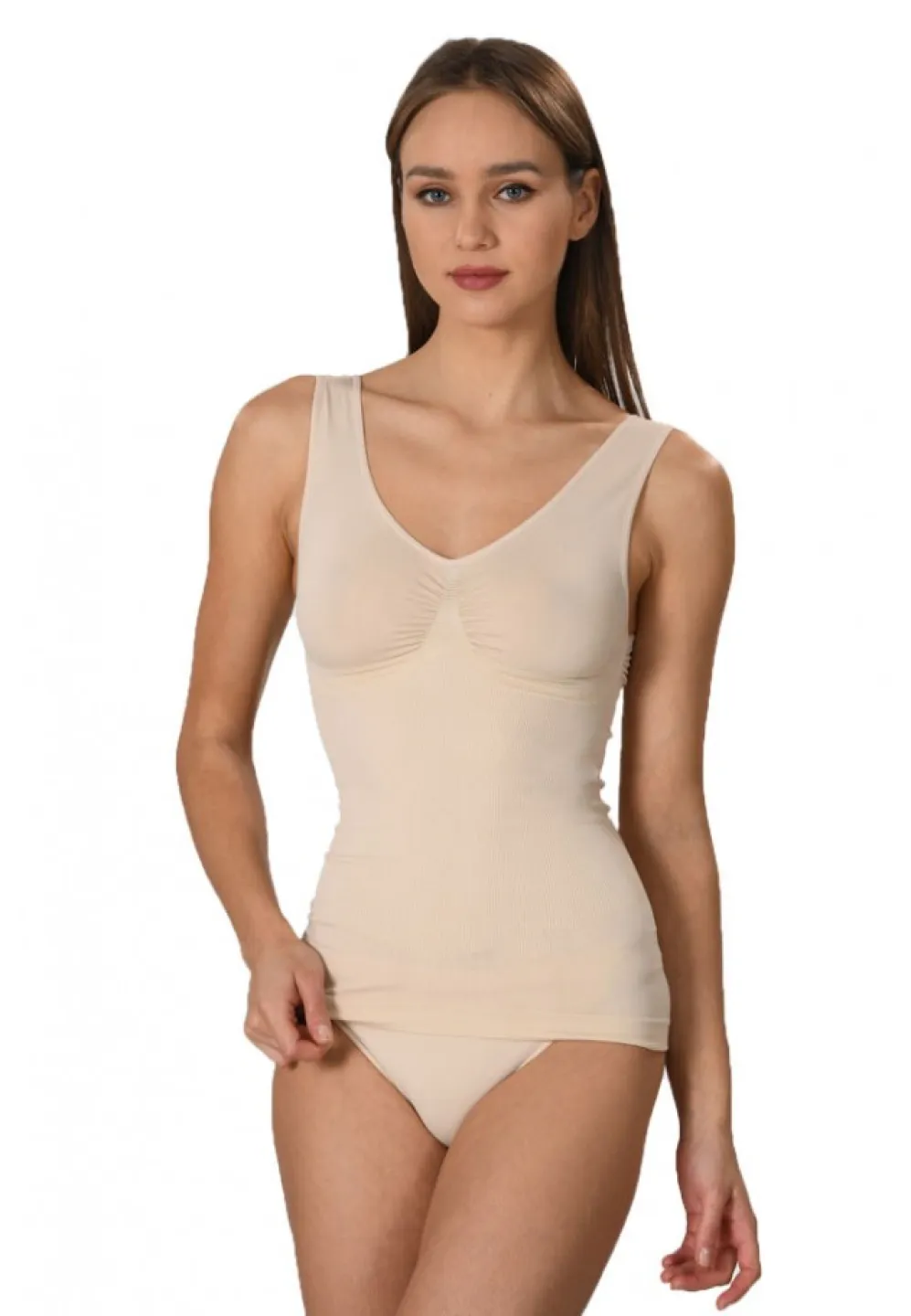 Maiou dama modelator in talie cu bretele late, material moale, culoare bej - 1