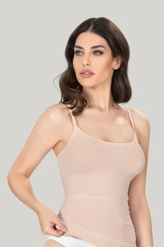 Maiou dama modelator in talie cu bretele subtiri, material moale, culoare bej hover