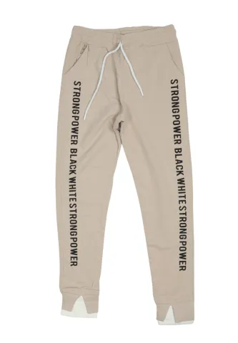 Pantaloni damă crem cu șiret reglabil și imprimeu lateral „Strong Power”