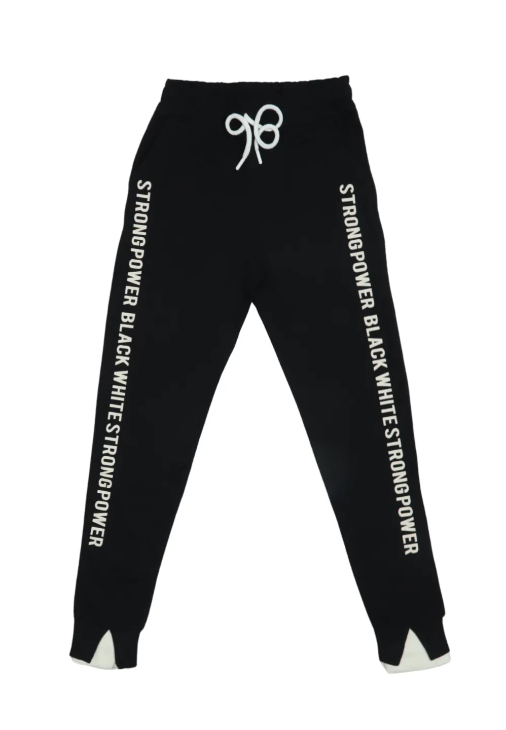 Pantaloni damă negri cu șiret reglabil și imprimeu lateral „Strong Power” - 1