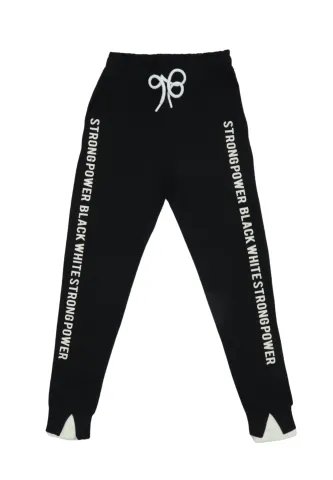 Pantaloni damă negri cu șiret reglabil și imprimeu lateral „Strong Power”