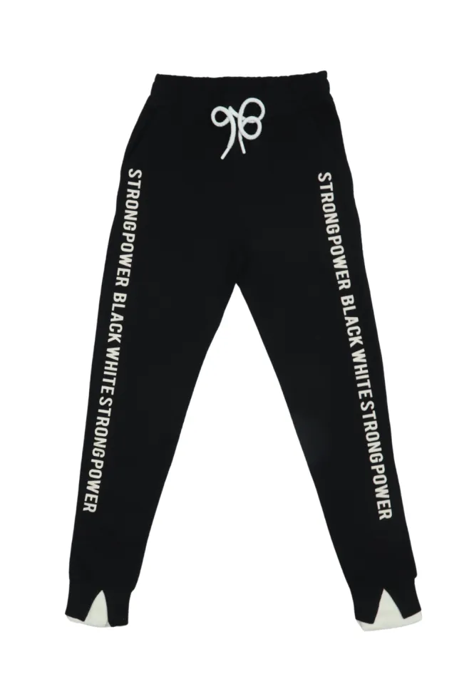 Pantaloni damă negri cu șiret reglabil și imprimeu lateral „Strong Power”