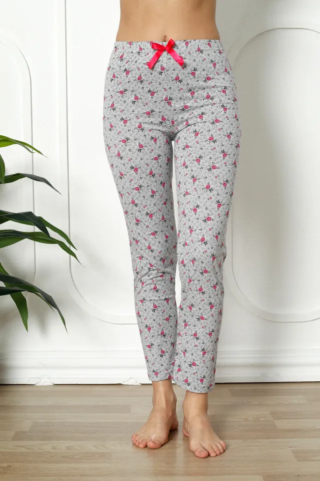 Pantaloni lungi de pijama damă din bumbac cu imprimeu floral