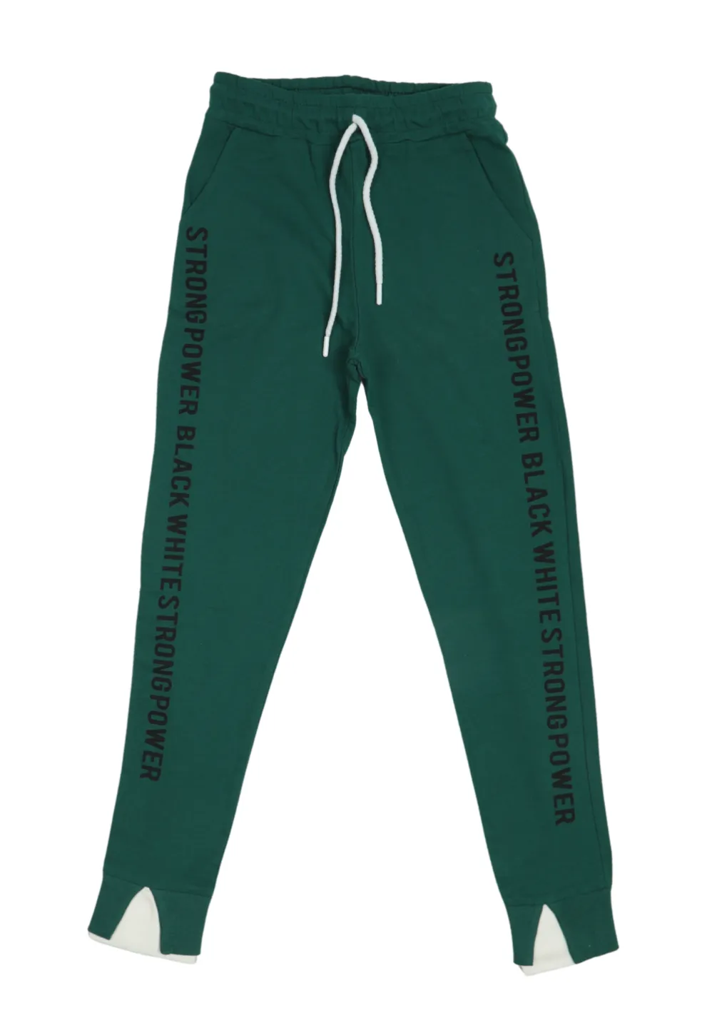 Pantaloni damă verde inchis cu șiret reglabil și imprimeu lateral „Strong Power” - 1