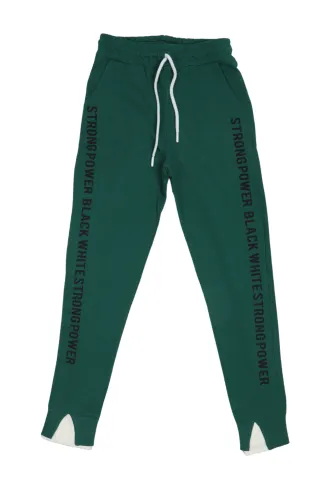 Pantaloni damă verde inchis cu șiret reglabil și imprimeu lateral „Strong Power”