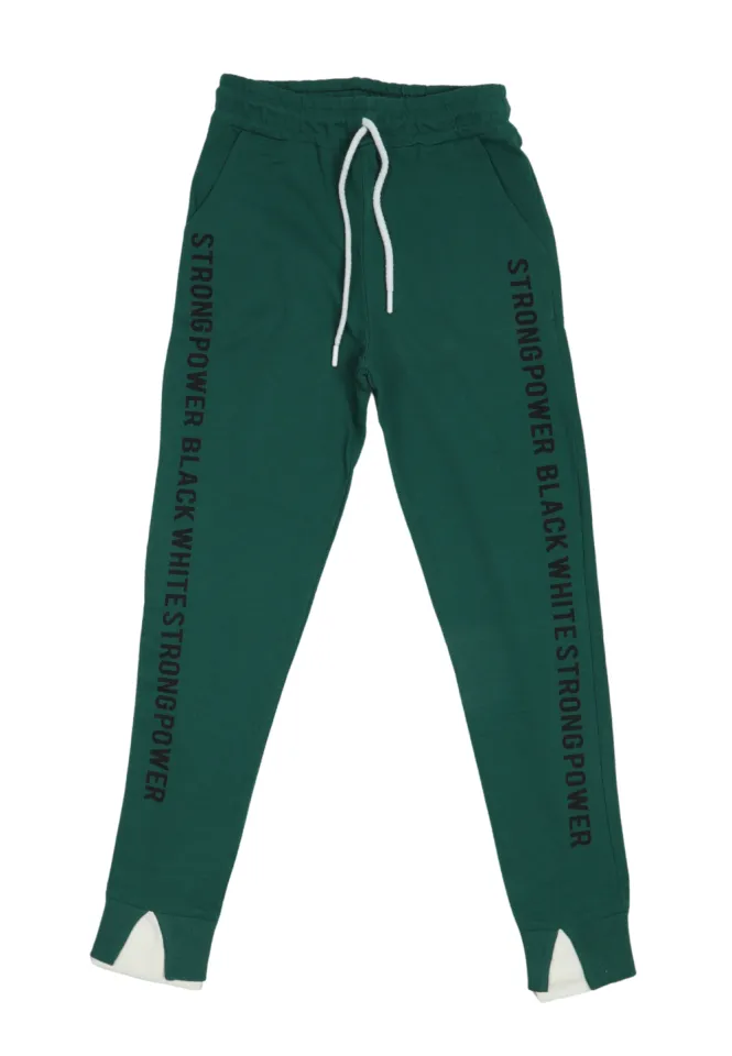 Pantaloni damă verde inchis cu șiret reglabil și imprimeu lateral „Strong Power”