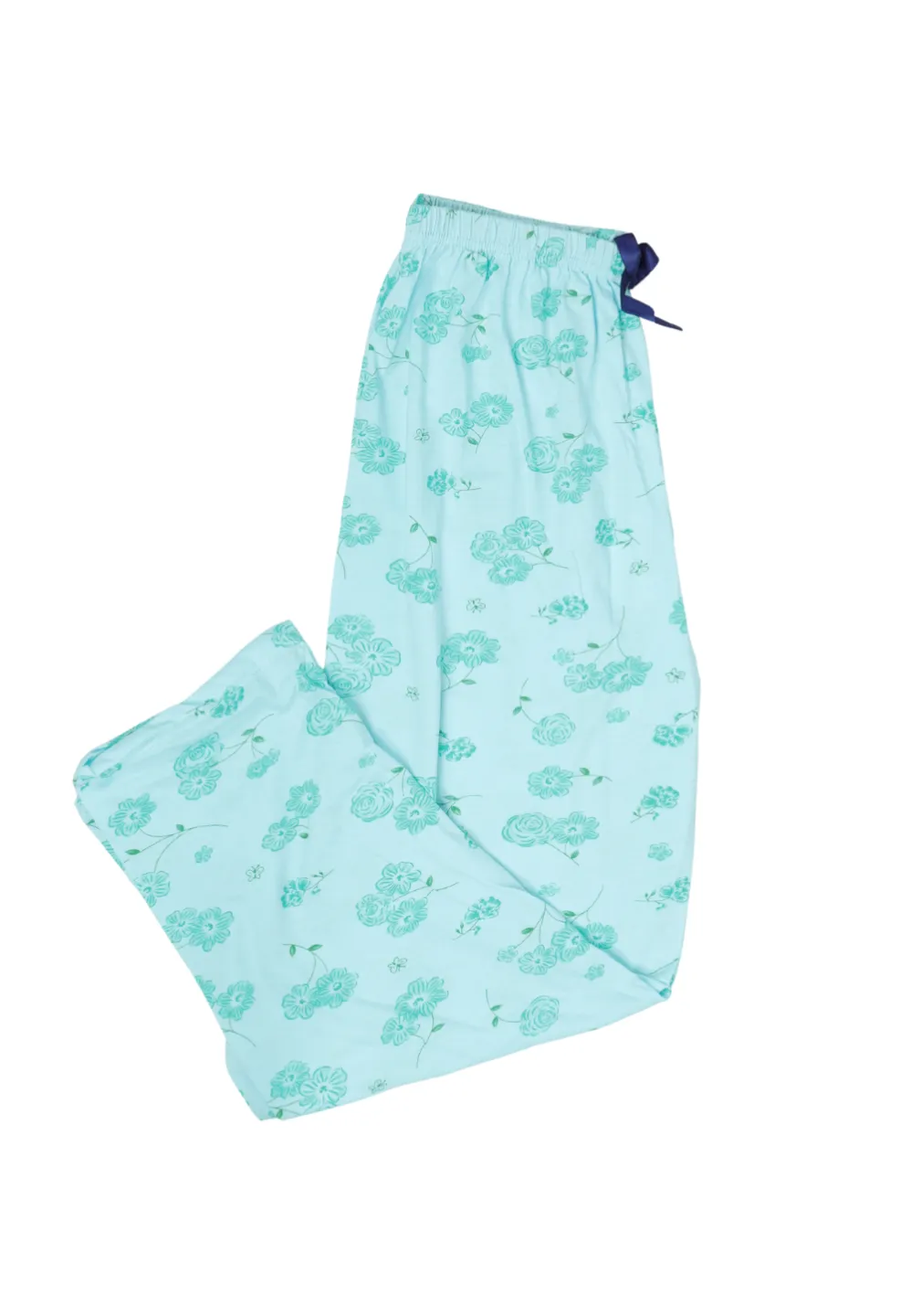 Pantaloni de pijama damă big size din bumbac de culoare blue, imprimeu floral verde - 1
