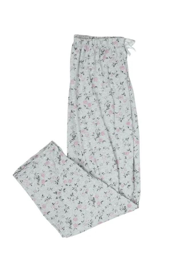 Pantaloni de pijama damă big size din bumbac de culoare gri, imprimeu floral