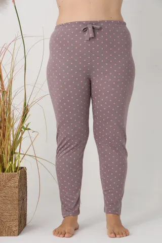 Pantaloni de pijama damă Big Size, gri cu buline roz, 85% vâscoză, 15% poliester